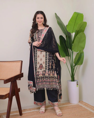 JAYPURI TRENDING BLACK TOP WITH PRINTED WORK WITH MIROR WORK WITH PLAZZO AND DUPATTA