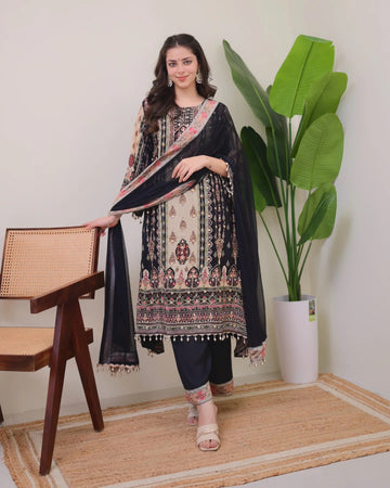 JAYPURI TRENDING BLACK TOP WITH PRINTED WORK WITH MIROR WORK WITH PLAZZO AND DUPATTA